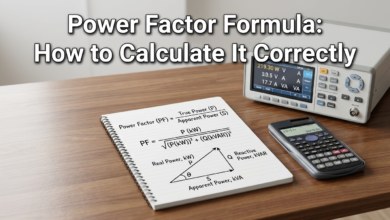 Power Factor Formula diagram showing voltage, current, phase angle, and electrical power calculation