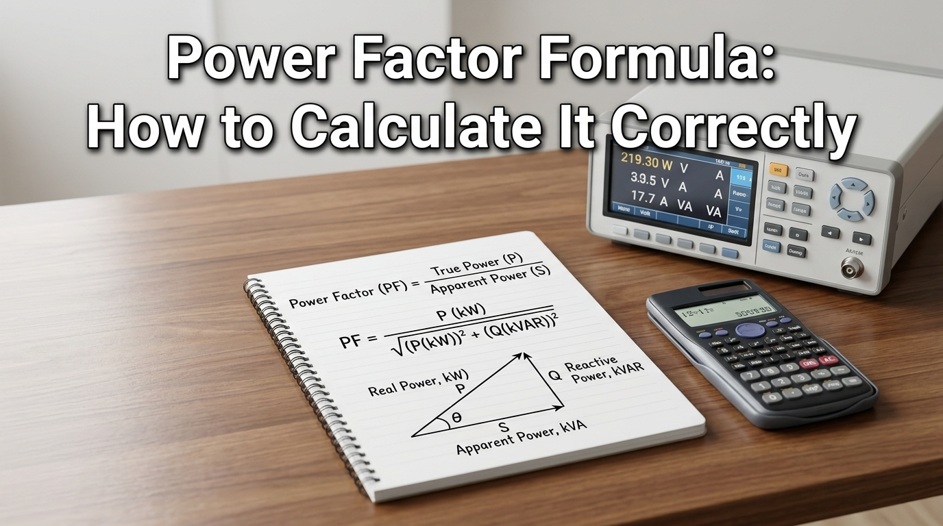 Power Factor Formula diagram showing voltage, current, phase angle, and electrical power calculation