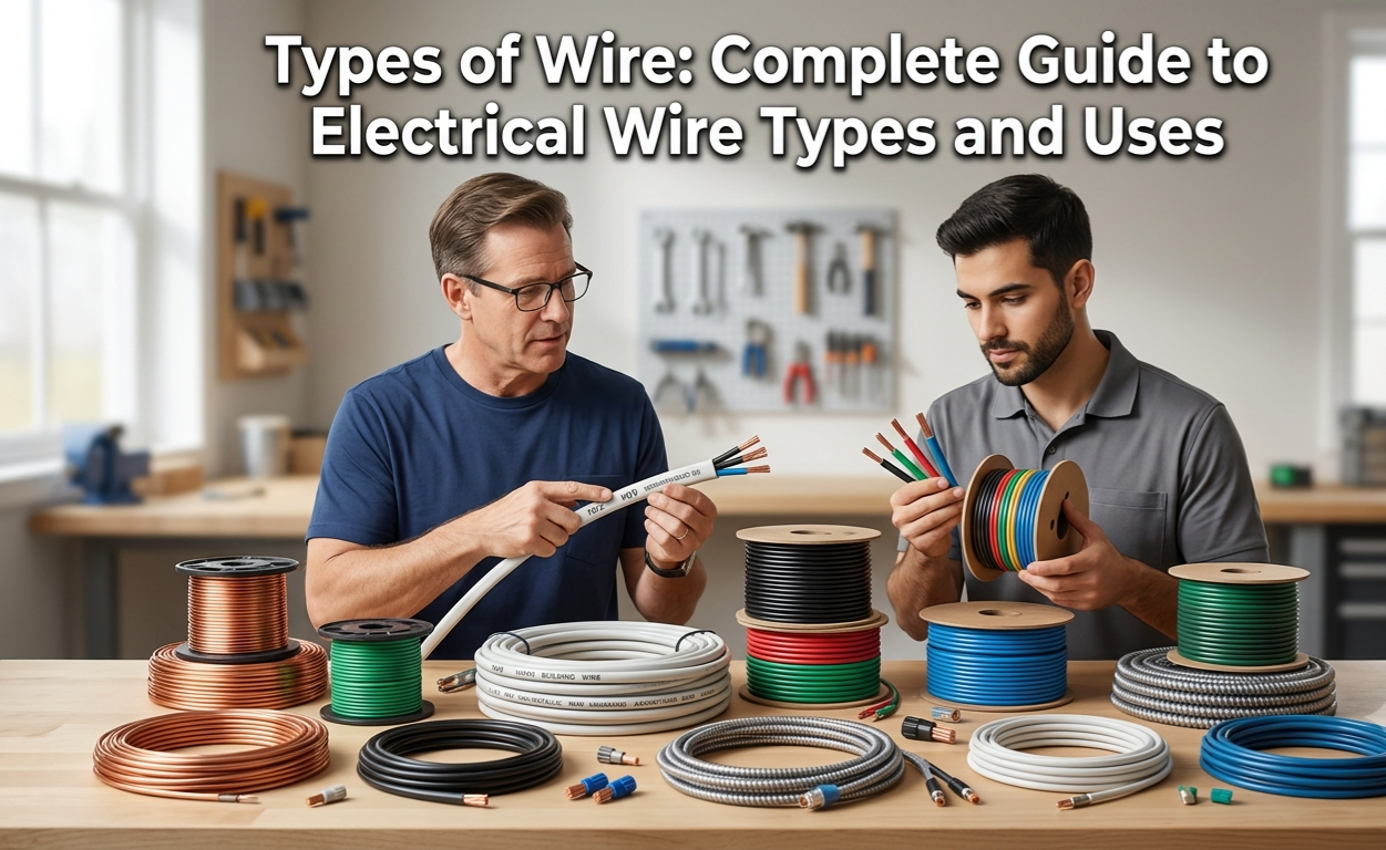 Various electrical cables on a workbench showing different Types of Wire for wiring applications