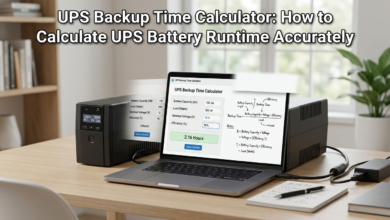 Digital screen showing UPS Backup Time Calculator estimating power backup duration for home or office system