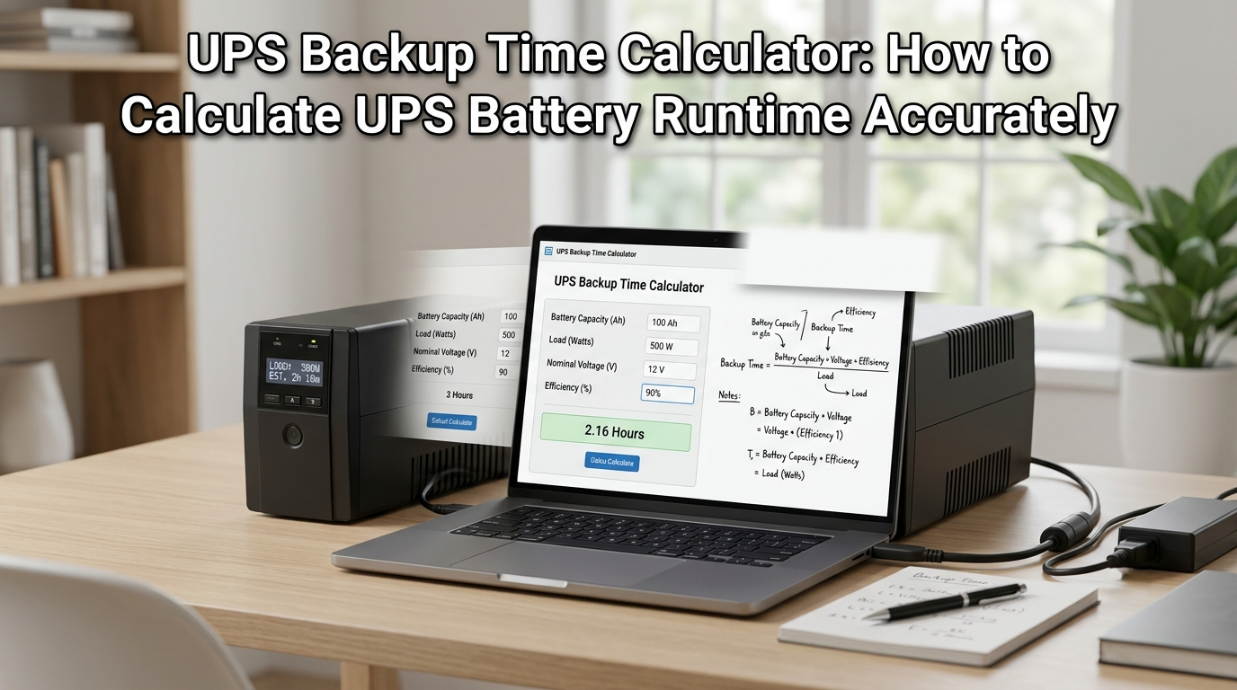 Digital screen showing UPS Backup Time Calculator estimating power backup duration for home or office system