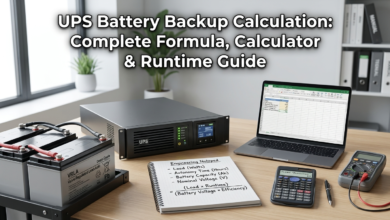UPS Battery Backup Calculation showing battery capacity, load, runtime, and power backup estimate.