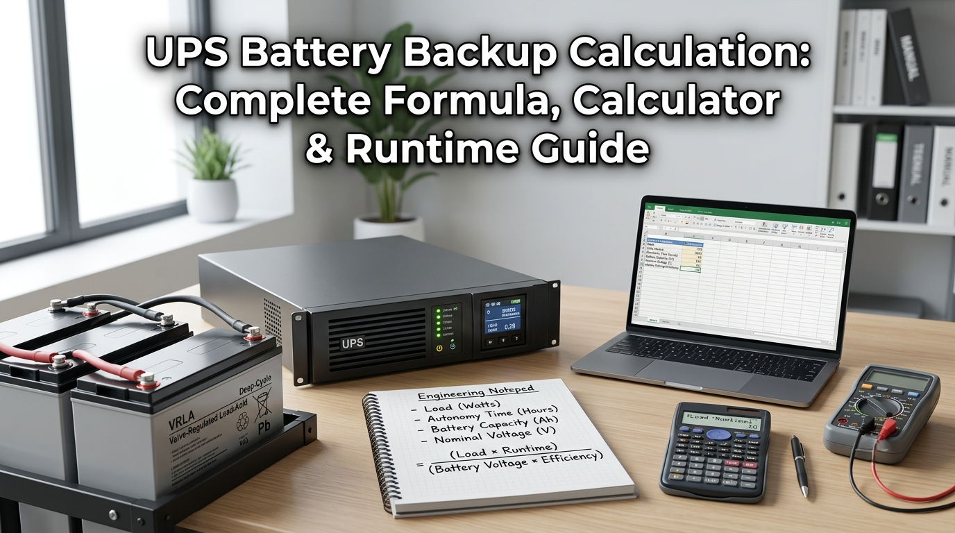 UPS Battery Backup Calculation showing battery capacity, load, runtime, and power backup estimate.